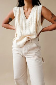 Victoria cream cable knit sweater vest. Cotton PIPE AND ROW Knitted Vest Summer Outfit, Cream Knit Vest Outfit, Cream Sweater Vest Outfit, Jeans Outfit Sweater, Knit Vest Outfits For Women, Fall Outfit Jeans, Knitted Sweater Outfit, Cream Knit Vest, Outfit Sweater Vest