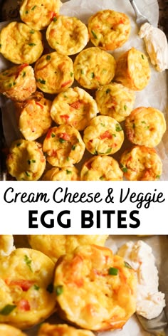 egg bites with cream cheese and veggies on top are shown in this collage