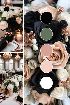 the table is decorated with black, white and peach flowers in shades of pink, green