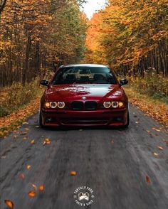 a red car driving down a road surrounded by trees with leaves all over the ground