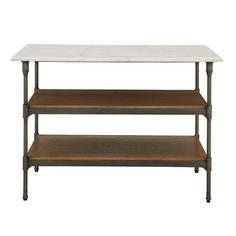 a three tiered shelf with marble top and metal legs, against a white background