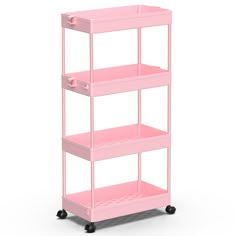 a pink cart with three shelves on wheels