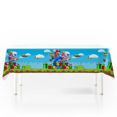 an image of a table cover with mario and luigi in the sky on it's side