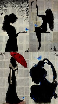 the silhouettes of people with umbrellas are painted on newspaper