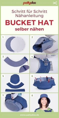 instructions to make a bucket hat with selben and buttons on the front, in blue