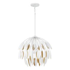 a white chandelier with feathers hanging from it's center point, on a white background