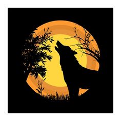 a wolf standing in front of a full moon with trees and grass silhouetted against it