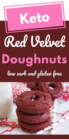 keto red velvet doughnuts are stacked on top of each other