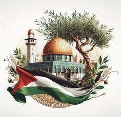 an artistic painting of the dome of the rock in front of a tree and flag