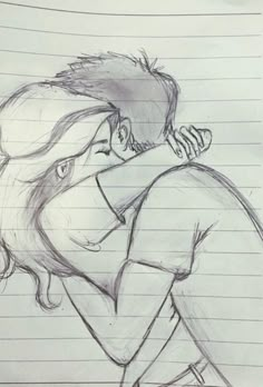 a pencil drawing of a man hugging a woman's head with her arm around him