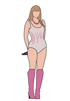 a drawing of a woman in a bodysuit with pink stockings and thigh high boots