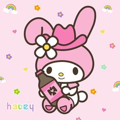 a hello kitty holding a bottle with a flower on it's head and wearing a pink bow