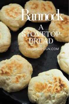 biscuits cooking in a skillet with text overlay reading bannock a stovetop bread