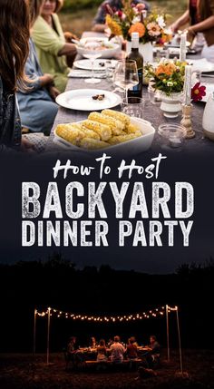 an outdoor dinner party with people sitting at the table and eating food on the table