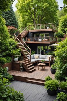 a wooden deck surrounded by greenery and potted plants with stairs leading up to the upper level