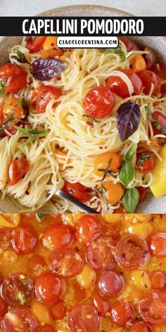 two pictures with different types of food in them, one is pasta and the other has tomatoes