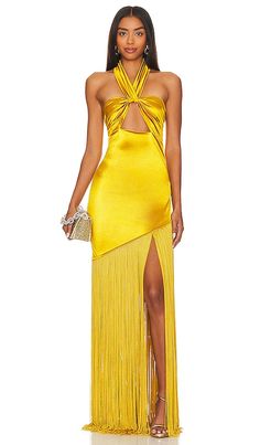 Find BRONX AND BANCO Bali Gown In Yellow on Editorialist. Bronx and Banco Bali Gown in Yellow. - size S (also in L, XL, XS) Bronx and Banco Bali Gown in Yellow. - size S (also in L, XL, XS) Self: 100% polyester Lining: 95% polyester 5% elastane. Made in China. Dry clean only. Unlined. Crossover halterneck strap with hook and eye closure. Hidden back zipper closure. Charmeuse fabric with tonal chainette hem. BROR-WD594. BB-19-076. Launched in 2009, Bronx and Banco encapsulates a sophisticated, ch Luxury Gold Maxi Length Evening Dress, Yellow Silk Floor-length Evening Dress, Yellow Satin Party Gown, Yellow Satin Gown For Party, Glamorous Yellow Floor-length Evening Dress, Gold Gown For Cocktail Gala, Gold Cocktail Gown For Gala, Luxury Gold Gown For Gala, Luxury Gold Cocktail Gown