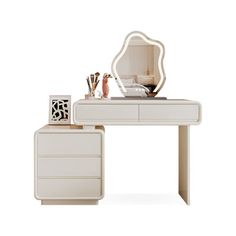 a white desk with a mirror and drawers on it's sides, next to a candle holder