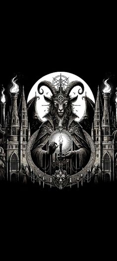 a black and white drawing of a demon in front of a castle