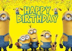 a group of minion characters standing in front of a happy birthday sign with confetti