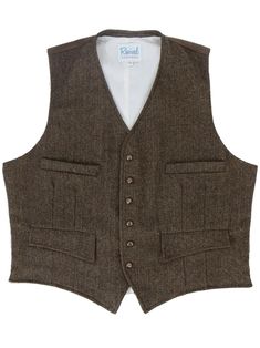 "Our new Granville waistcoat is inspired by original vintage 1930s - 1940s era waistcoats from our own archive collection. This classic cut of waistcoat is shorter in the body, to wear with high-waisted trousers. It's made of a brown herringbone wool weave, and features a six-button fastening, with brown mother-of-pearl effect buttons. A highly-requested Revival own-brand classic, this authentically styled men's vest is designed to be worn with a matching pair of our Granville notch-back trouser Classic Wool Vest With Button Closure, Classic Vest With Button Closure For Winter, Classic Winter Vest With Button Closure, Tailored Brown Vest With Button Closure, Classic Single-breasted Vest For Fall, Tailored Brown Vest With Buttons, Tailored Brown Vest With Pockets, Tailored Vintage Winter Vest, Vintage Formal Winter Vest