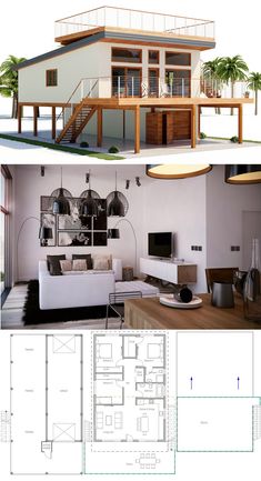 two different views of a living room and kitchen