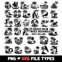 35 beach palm tree designs and best selling svg files for silhouettes, photoshopped