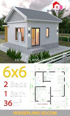 a small house with the floor plan and measurements for each room in front of it