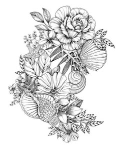 flowers and seashells are arranged in the shape of a line art drawing on paper