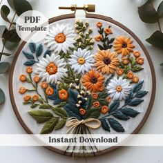 an embroidery pattern with flowers and leaves on it, including the words instant printable