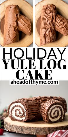 a cake with chocolate frosting on top and the words holiday yule log cake above it