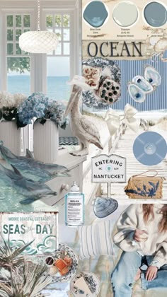 a collage of blue and white items including seagulls, shells, flowers, and seashells