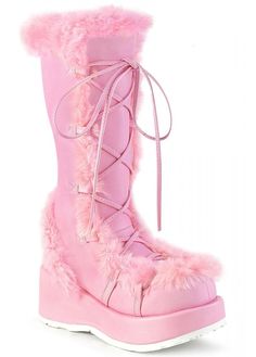 This product is excluded from all promotional discounts and offers.     Pink vegan leather   Calf high   Vegan faux fur trim   Lace up front and zip side   2 3/4" Stacked platform Demonia Cubby 311, Emo Boots, Demonia Boots, Goth Princess, Demonia Shoes, Attitude Clothing, Leather Knee Boots, Pink Platforms, Pleaser Shoes