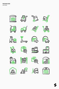 green and black line icons on white paper with the words,'freehand homes '