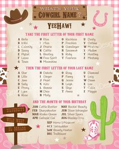 a pink and white checkered table cloth with a cowboy themed sign that says, what's your cowgirl name yeehaw take the first letter of your first