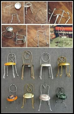 there are many miniature chairs made out of metal wire and some other things on the table