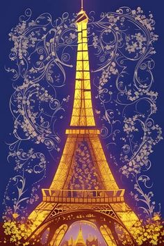 the eiffel tower lit up at night in paris, france with flowers and swirls all around it