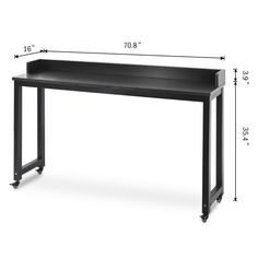 a black desk with measurements for the top and bottom shelf on each side, along with two