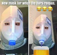 two pictures of a person wearing a gas mask and drinking a beer