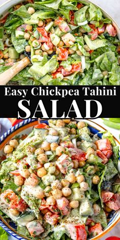 a salad with chickpea and lettuce is shown in two different bowls