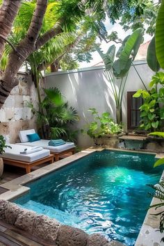 an outdoor swimming pool surrounded by trees and plants