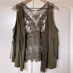 Olive Color Festival Vest Fringe Crotchet Back Medium Never Worn Olive Vest, Vest Outfit, Color Festival, Olive Color, Mom Style, Fashion Inspo, Jackets & Coats, Jackets For Women, Festival