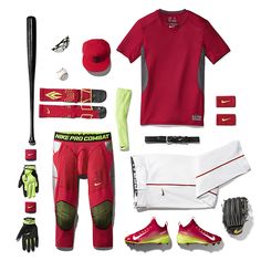 the contents of a baseball uniform including gloves, mitts, socks and other items