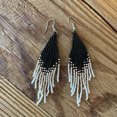 Beaded Black, White, Gold Earrings New Without Tags Layer With Any Outfit Beaded Fringe Earrings, Native American Beaded Earrings, Native American Beading, Black White Gold, White Gold Earrings, Beaded Fringe, Fringe Earrings, Earrings Color, Black Beads