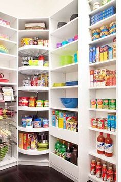 an organized pantry with lots of food and condiments on the shelves in it