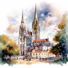 watercolor painting of a cathedral with people walking around it and trees in the foreground