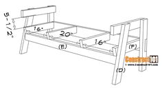 a drawing of a bed frame with measurements for the top and bottom drawers on it