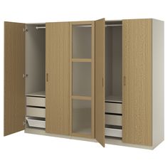 an open wooden cabinet with drawers and doors