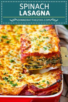 spinach lasagna in a red casserole dish with text overlay