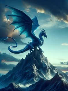 a blue dragon sitting on top of a mountain in front of the sky with clouds